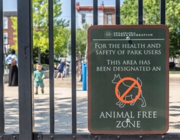 A sign indicating ''animal-free zone'' at DiSilvestro Playground in South Philadelphia