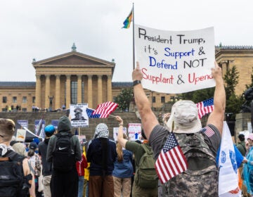 Protesters waved American flags at the Philadelphia Museum of Art during the No Kings protest on June 16, 2024. (Kimberly Paynter/WHYY)