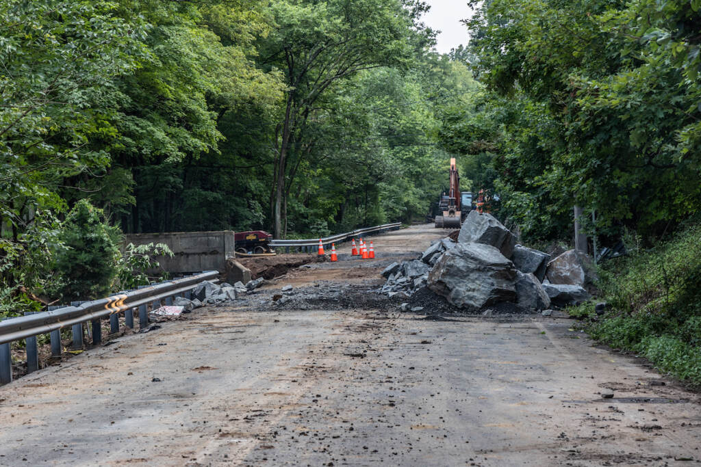 A damaged road is shown in Upper Makefield