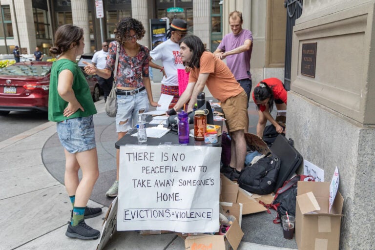 The Renter’s Justice Campaign organized a protest and canvas event against the Landlord Tennant Office outside the municipal court building in Philadelphia on August 21, 2023. A former city property management worker has filed a lawsuit regarding one of the alleged violent evictions in 2023 that helped spur the protest. (Kimberly Paynter/WHYY)