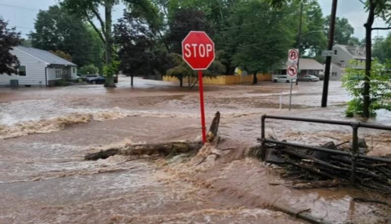 An image of a Stop sign in the middle of flooding.