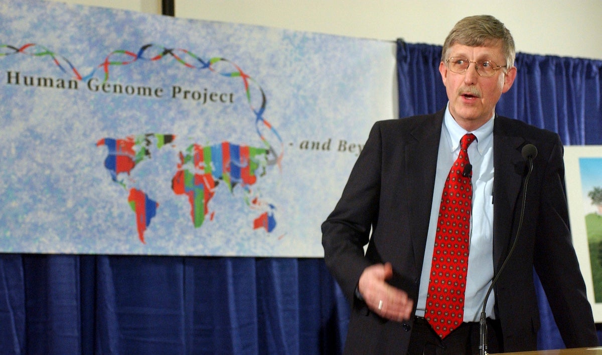 In this April 14, 2003 file photo, Dr. Francis Collins, director of the National Human Genome Research Institute. (AP Photo/Evan Vucci, File)