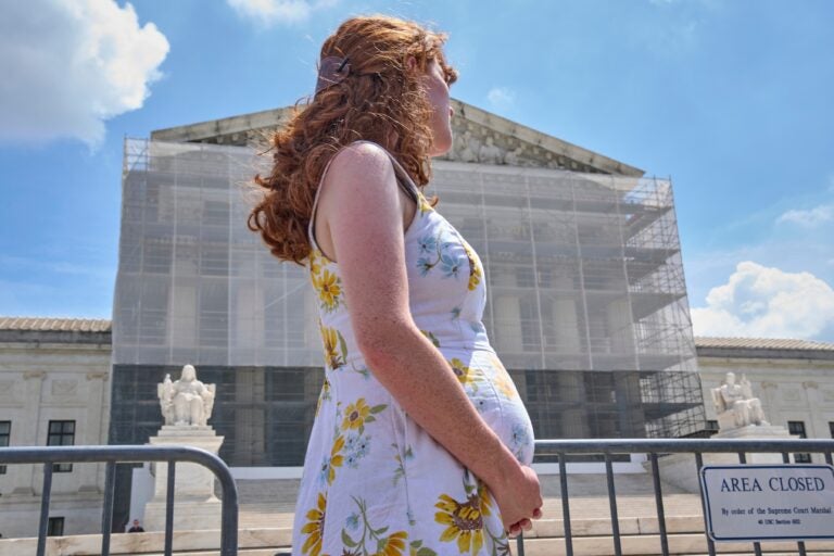 A pregnant U.S. citizen stands at a protest for birthright citizenship