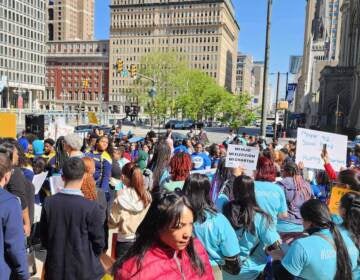 Rallyers gather at City Hall.