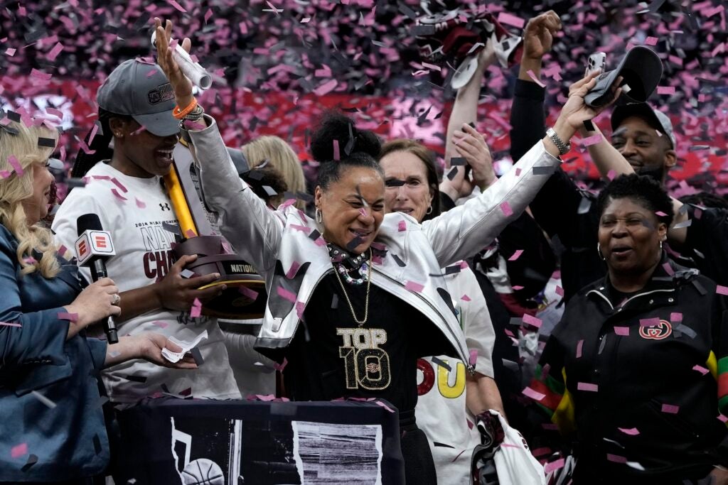 South Carolina head coach Dawn Staley celebrates after the Final Four college basketball championship game against Iowa in the women's NCAA Tournament