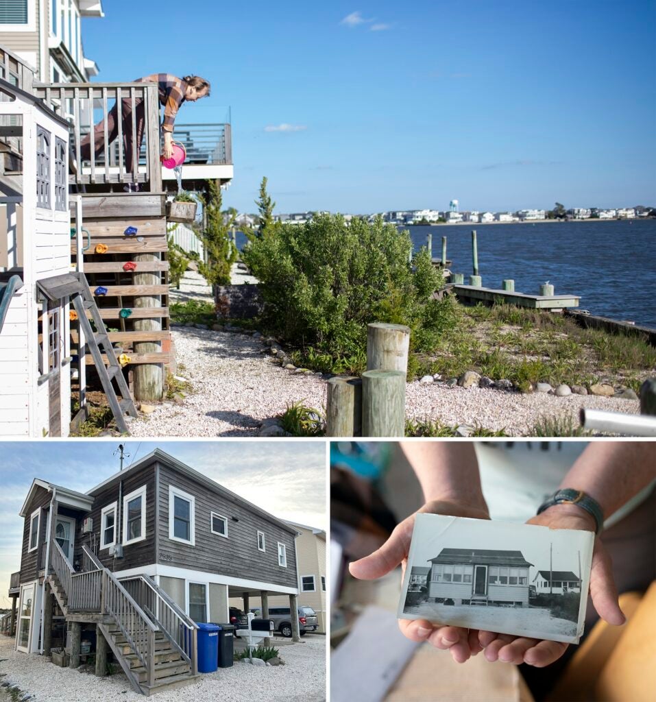 A collage of three photos of the house from various eras. including the now-elevated house