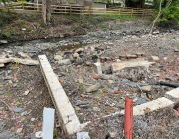 Remnants of a house foundation after the structure was swept away in a flash flood as remnants of Hurricane Ida moved through the region in Lambertville, N.J.