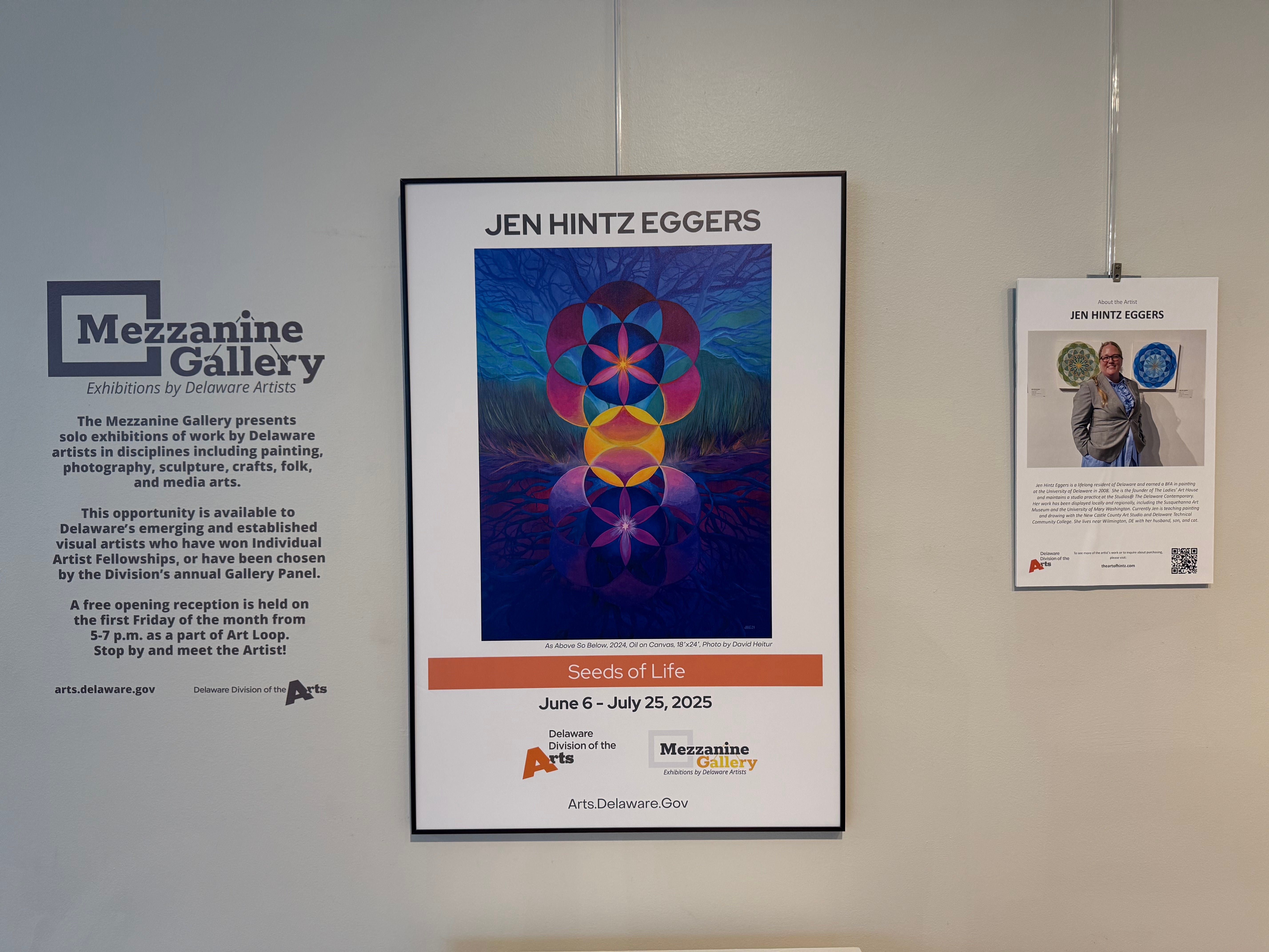 Jen Hintz Eggers paintings on a wall at the Mezzanine Gallery