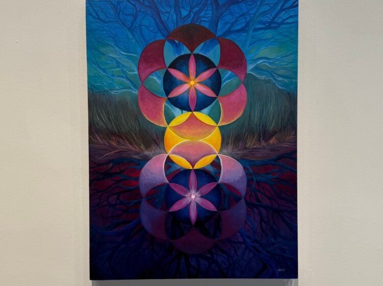 A Jen Hintz Eggers painting on a wall at the Mezzanine Gallery