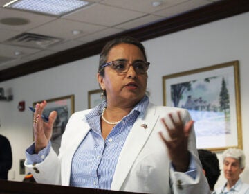 Nelly Jiménez-Arévalo, Montgomery County's first ever director of immigrant affairs, stands at a podium to speak