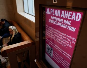 An electronic display advises commuters of potential NJ Transit service disruptions at the Secaucus Junction station
