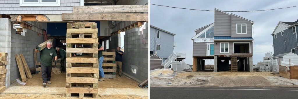 Side by side photos of construction workers and a completed home