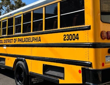 File: An electric school bus parked at Lamberton Elementary in West Philadelphia