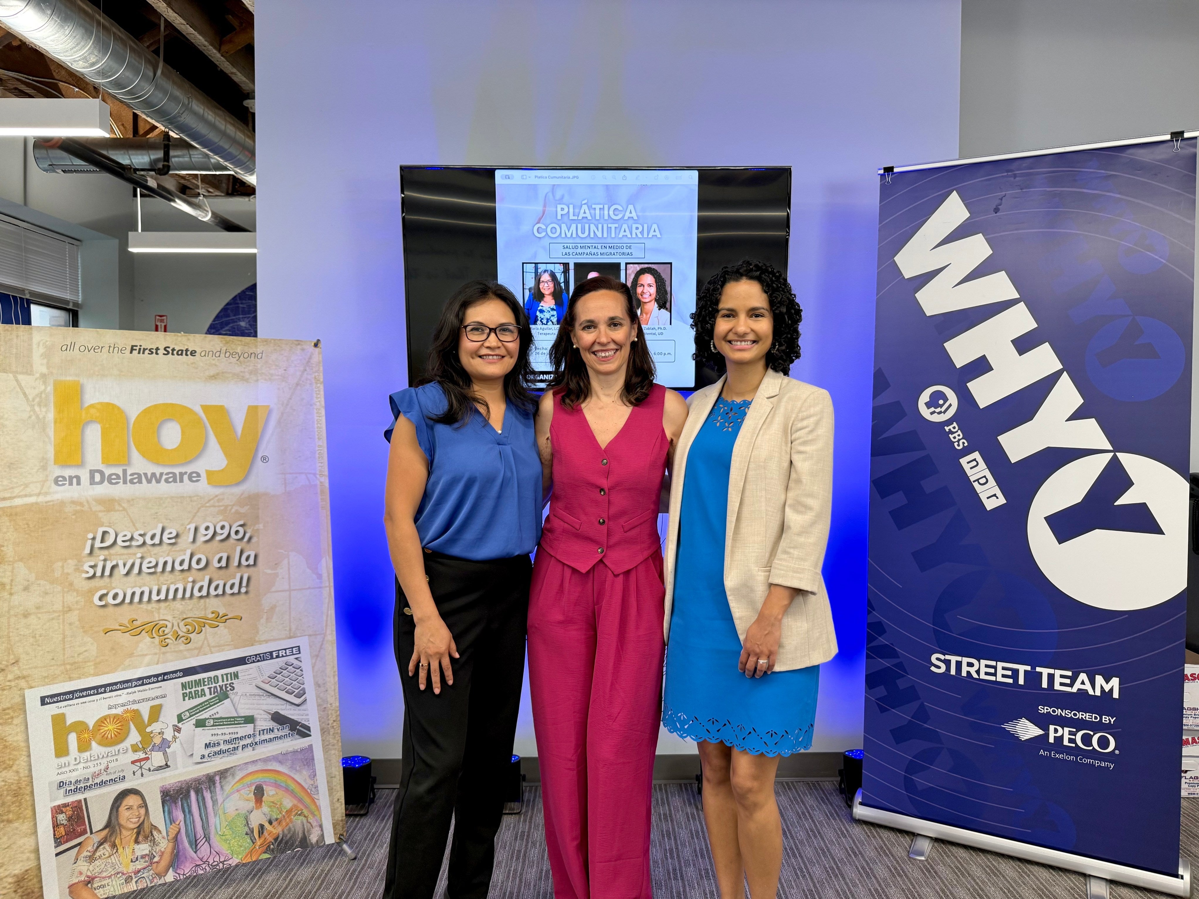 Moderator Virginia Esteban, therapist María Aguilar and assistant professor at the University of Delaware Franssy Zablah speak at the event