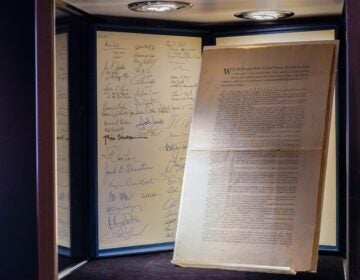 A first printing of the United States Constitution is displayed at Sotheby's auction house